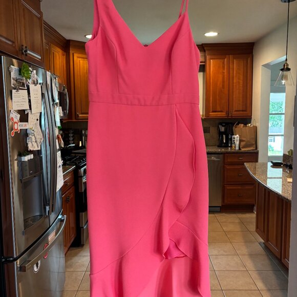Xscape Dresses & Skirts - Xscape Midi Coral Pink Asymmetric Strap dress